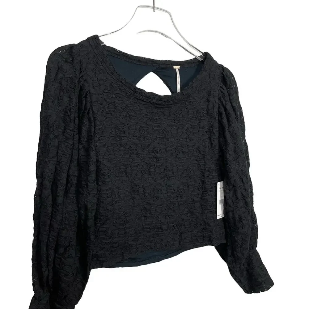 Free People Tea Time Top Black Lace Long Sleeves Size Small NEW